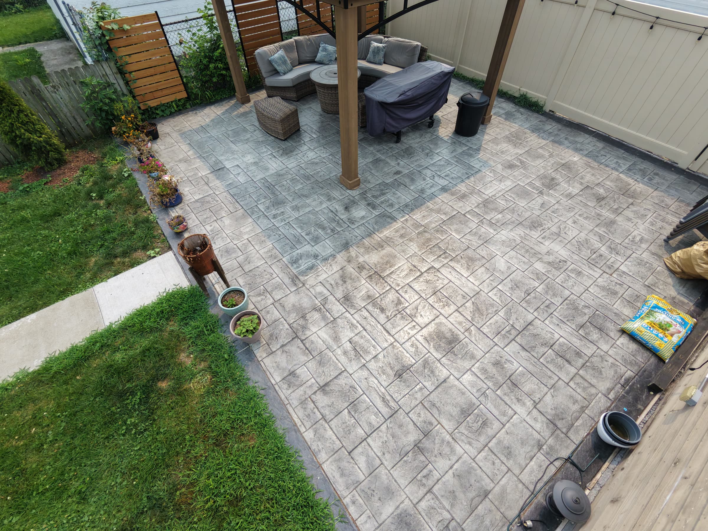 Aerial drone photo of a patio and gazebo, taken by OCON Production Studios